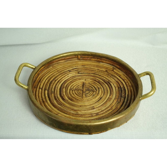 Image 1 of Round vintage tray in rattan and brass, Italy 1970