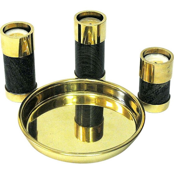 Image 1 of Set of 3 vintage brass and stone candlesticks by Saulo Sulitjelma, Norway 1970