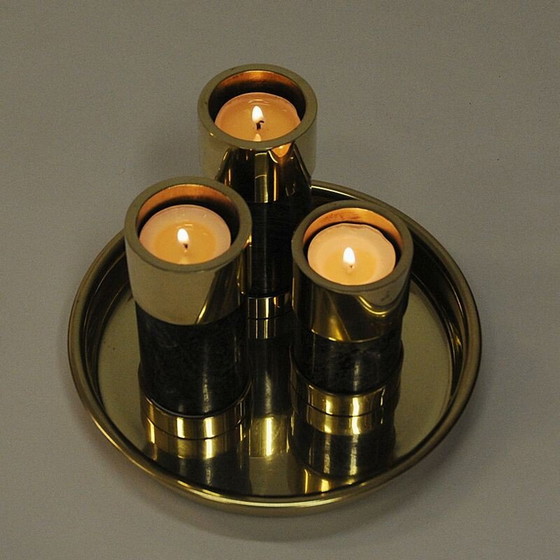 Image 1 of Set of 3 vintage brass and stone candlesticks by Saulo Sulitjelma, Norway 1970