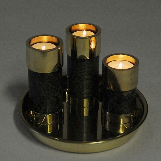 Image 1 of Set of 3 vintage brass and stone candlesticks by Saulo Sulitjelma, Norway 1970