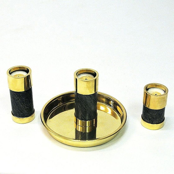 Image 1 of Set of 3 vintage brass and stone candlesticks by Saulo Sulitjelma, Norway 1970