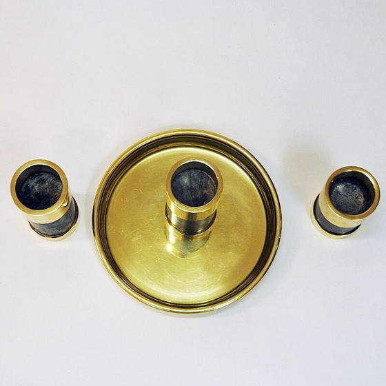 Image 1 of Set of 3 vintage brass and stone candlesticks by Saulo Sulitjelma, Norway 1970