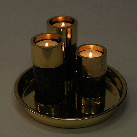 Image 1 of Set of 3 vintage brass and stone candlesticks by Saulo Sulitjelma, Norway 1970
