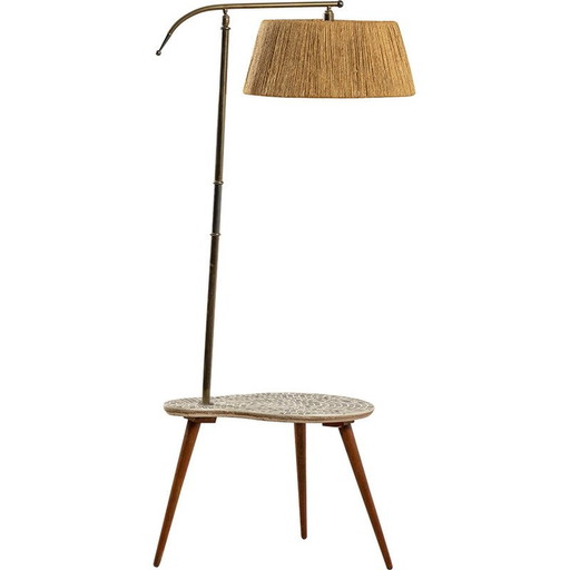 Vintage brass and straw rope floor lamp, France 1960s