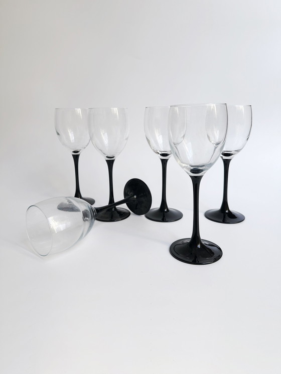 Image 1 of 6 Vintage Luminarc Wine Glasses Domino Black 80s Art Deco Revival