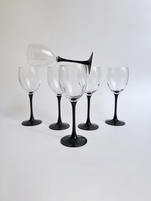 6 Vintage Luminarc Wine Glasses Domino Black 80s Art Deco Revival