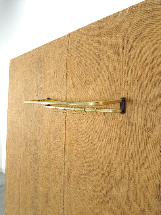 Image 1 of Train Coat Rack Gold Color With Hooks And Shelf, No. 7, Wall Coat Rack