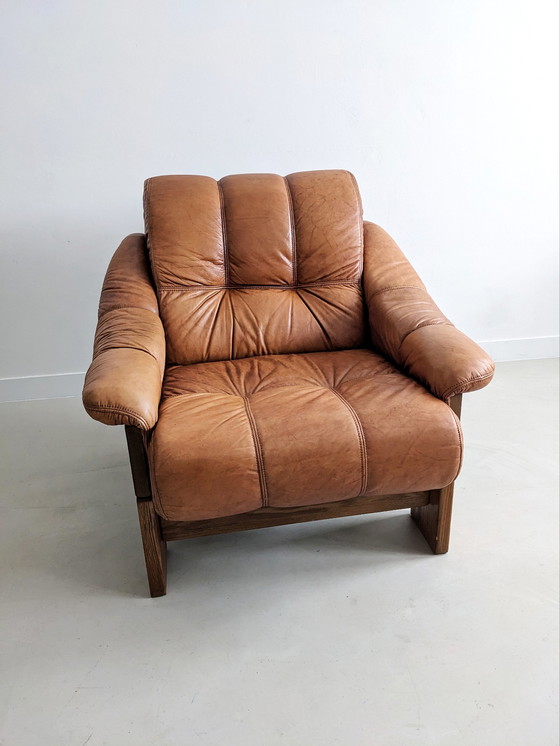 Image 1 of Fauteuil brutaliste en chêne et cuir