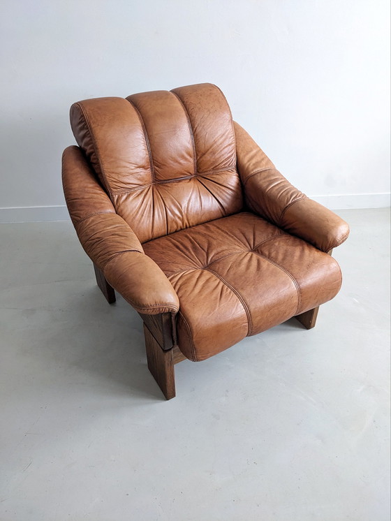 Image 1 of Fauteuil brutaliste en chêne et cuir