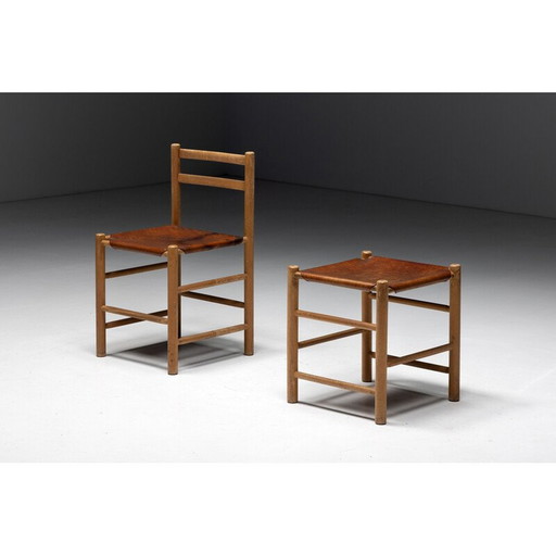 Set of 3 vintage cognac chairs and stool, France 1950s