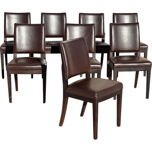 Set of 8 vintage "Calypso" dining chairs in oak and brown leather by Antonio Citterio for Maxalto
