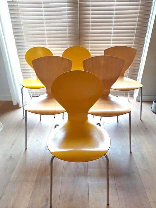 6X Danerka Dining Chairs, 3X Wood, 3X Ochre Yellow