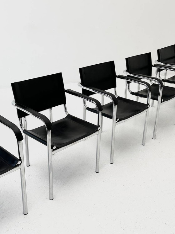 Image 1 of Set of 6: Italian armchairs made of tubular steel & leather, 1980s