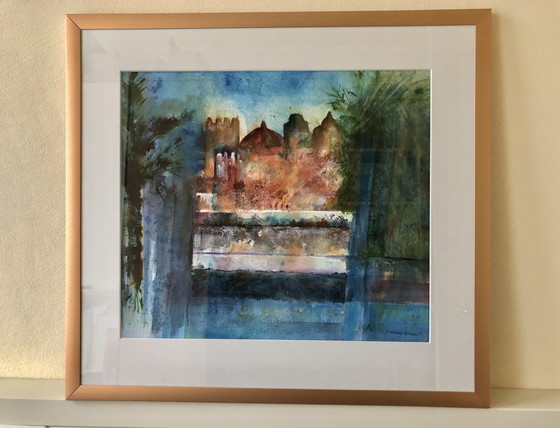 Image 1 of Mediterranean town-Margo Ellen. Watercolor. Signed. Framed.