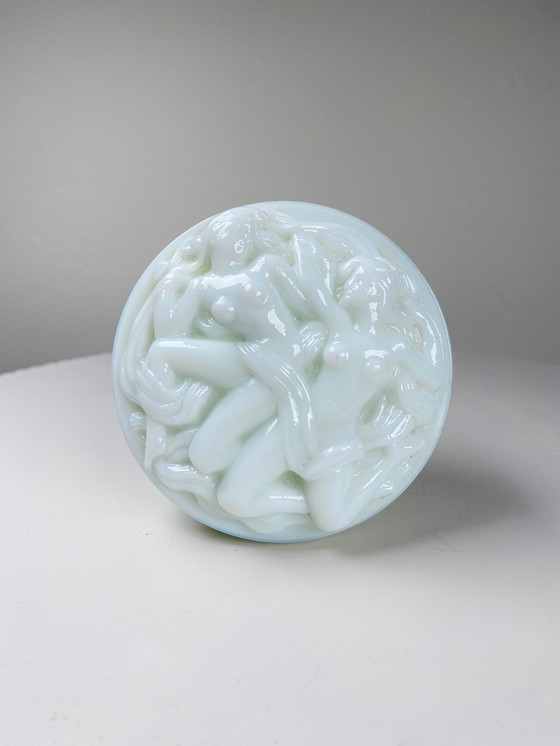 Image 1 of Antique Czech Curt Schlevogt Opaline White Glass Trinket/Jewelry Box With Naked Female Figurines - Art Deco / Bohemian Style