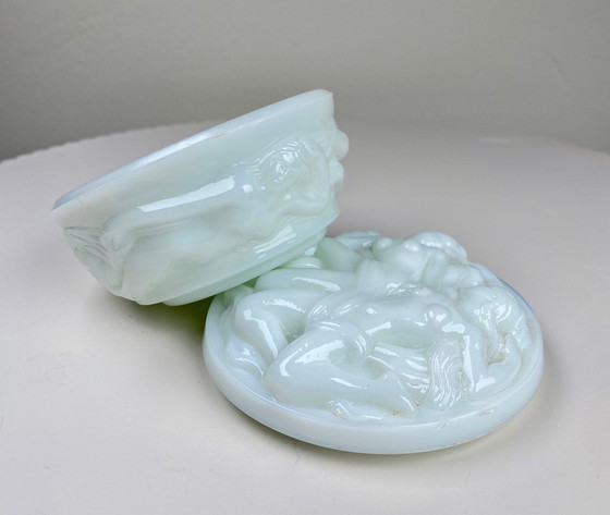 Image 1 of Antique Czech Curt Schlevogt Opaline White Glass Trinket/Jewelry Box With Naked Female Figurines - Art Deco / Bohemian Style