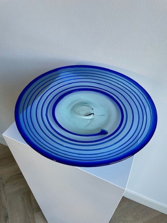 Image 1 of Bowl Transparent Glass And Blue Swirl /Spiral - Unica Glass Art