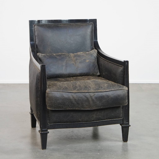 Black Sheep Leather And Wood Armchair With An Art Deco Design