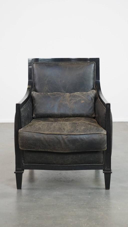 Black Sheep Leather And Wood Armchair With An Art Deco Design