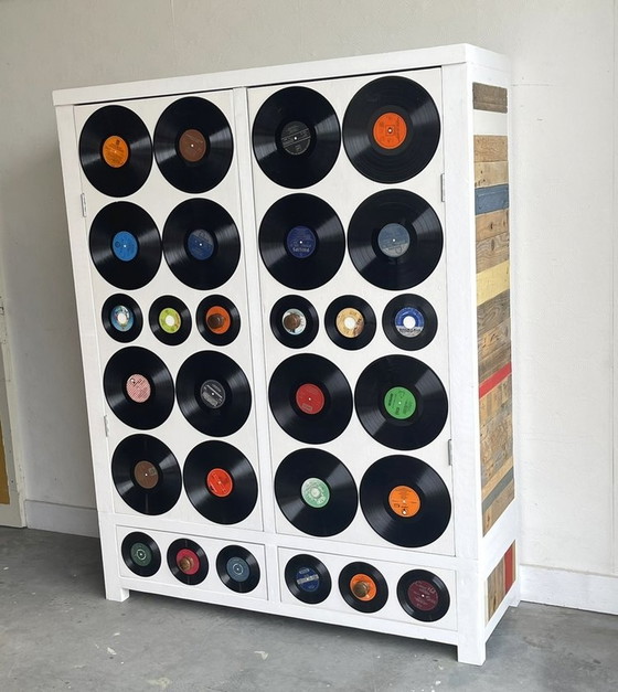 Image 1 of Handmade Scrapwood & Vinyl Record Cabinet Storage Cabinet Lp`S