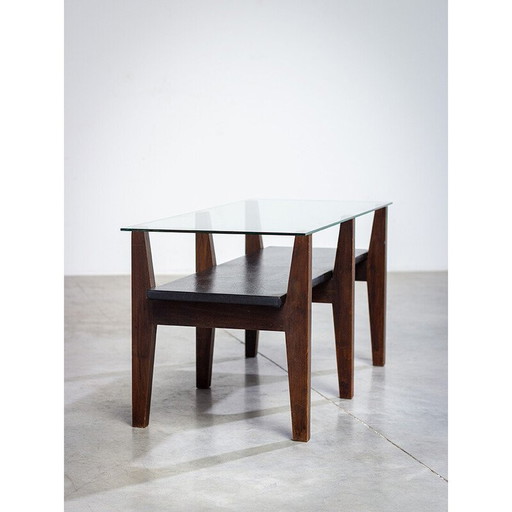 Belgian vintage walnut and glass coffee table with a constructivist, 1950s