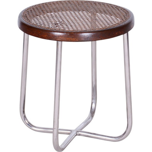 Vintage Bauhaus rattan and chrome stool by Robert Slezák, Czechoslovakia 1930