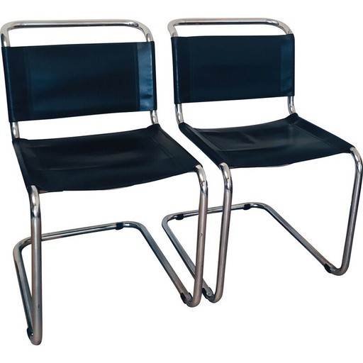 Pair of vintage black leather chairs by Marcel Breuer for Gavina, 1960
