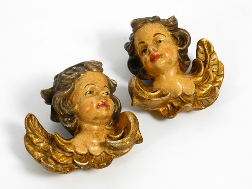 2 little handmade italian wooden angel heads from the 1930s to hang