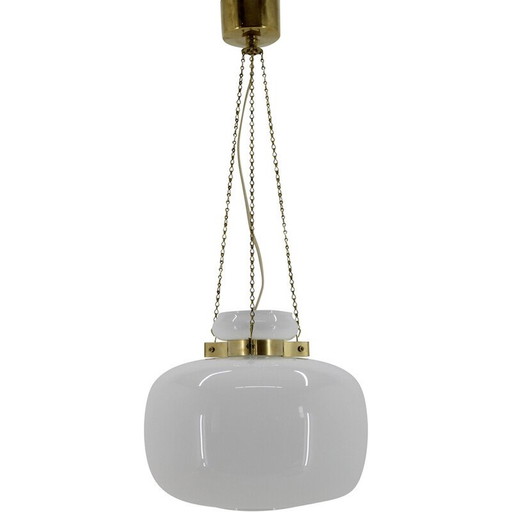 Pair of vintage pendant lamp in opaline glass and brass, 1970