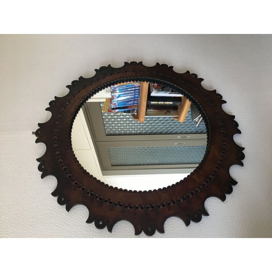 Image 1 of Specchio rotondo vintage con cornice in pelle, 1960