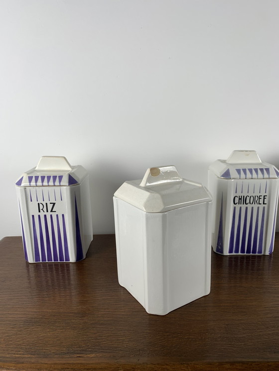 Image 1 of Art Deco Spice Jar Set, Nimy, Belgium, 1930, White And Purple