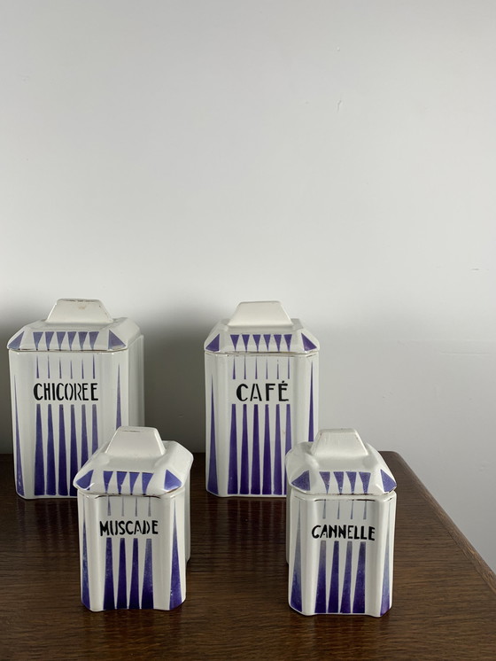 Image 1 of Art Deco Spice Jar Set, Nimy, Belgium, 1930, White And Purple