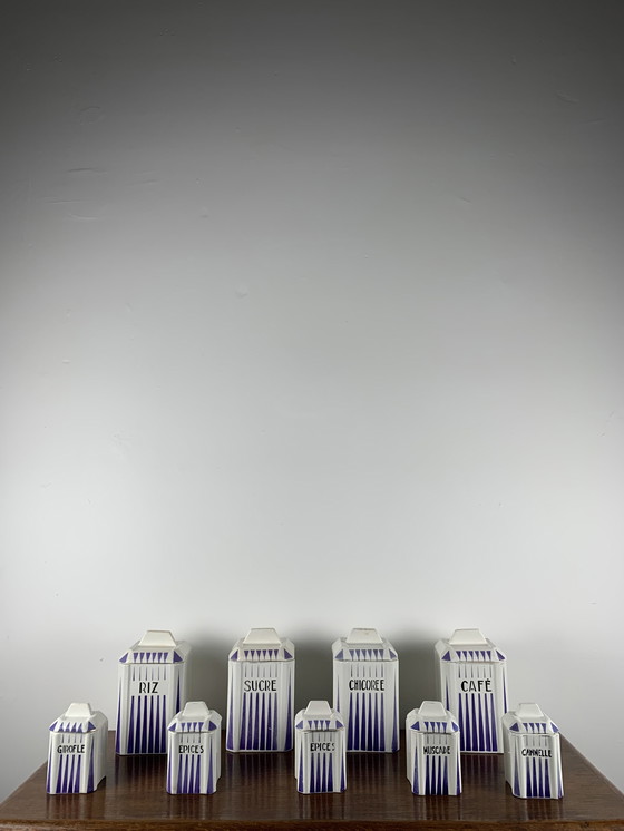 Image 1 of Art Deco Spice Jar Set, Nimy, Belgium, 1930, White And Purple