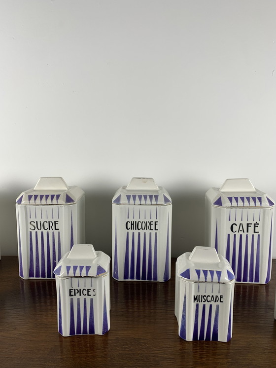 Image 1 of Art Deco Spice Jar Set, Nimy, Belgium, 1930, White And Purple