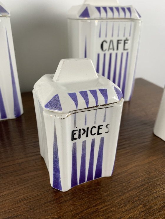 Image 1 of Art Deco Spice Jar Set, Nimy, Belgium, 1930, White And Purple