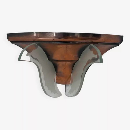 2X Art Deco Corner Sconce, Copper And Glass, France 1930