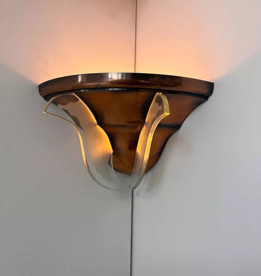 2X Art Deco Corner Sconce, Copper And Glass, France 1930
