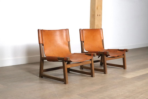 Pair Of Riaza Chairs In Cognac Leather By Paco Muñoz For Darro Gallery, Spain, 1960s