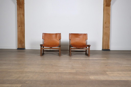 Pair Of Riaza Chairs In Cognac Leather By Paco Muñoz For Darro Gallery, Spain, 1960s