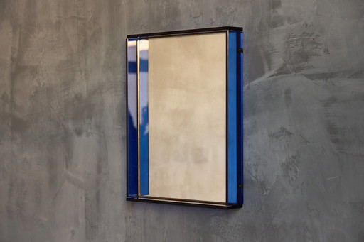 Blue Coloured And Mirrored Glass Wall Mirror, Italy, 1960S