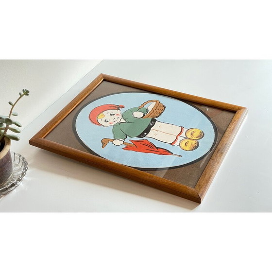 Image 1 of Vintage painting on paper medallion with wood and glass frame