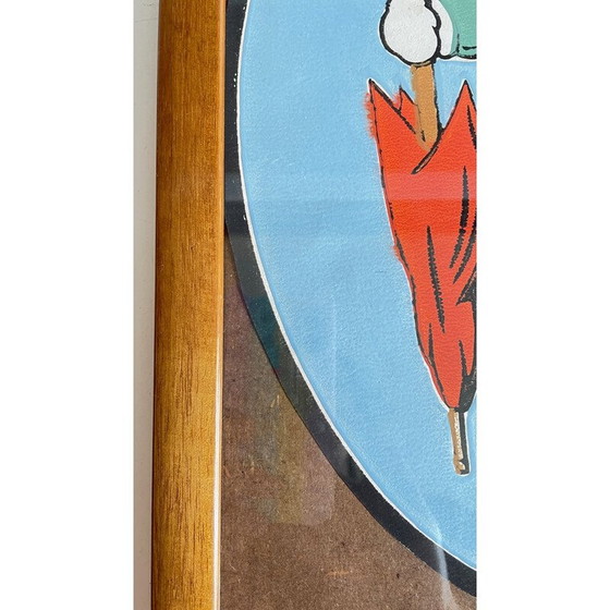 Image 1 of Vintage painting on paper medallion with wood and glass frame
