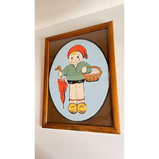Image 1 of Vintage painting on paper medallion with wood and glass frame