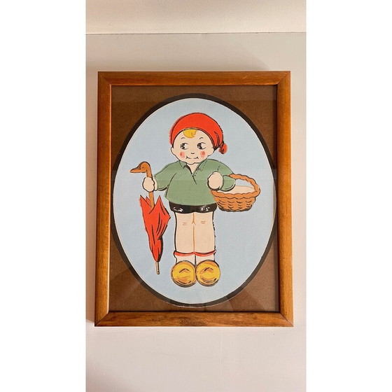 Image 1 of Vintage painting on paper medallion with wood and glass frame