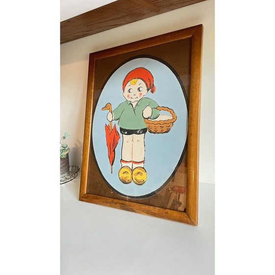 Image 1 of Vintage painting on paper medallion with wood and glass frame
