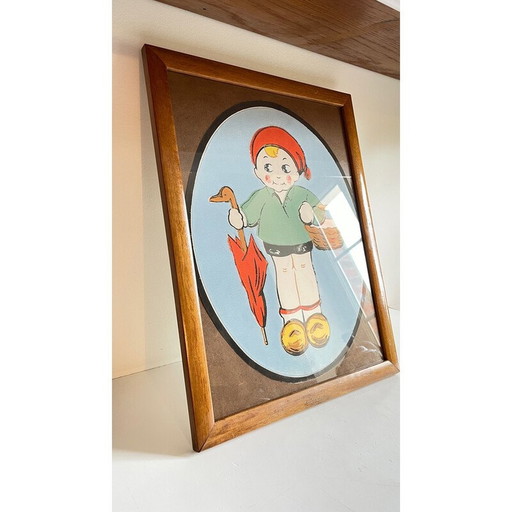 Vintage painting on paper medallion with wood and glass frame