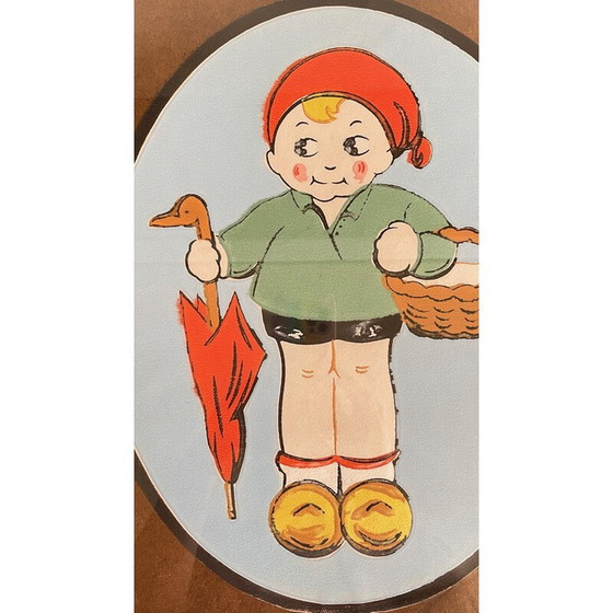 Image 1 of Vintage painting on paper medallion with wood and glass frame