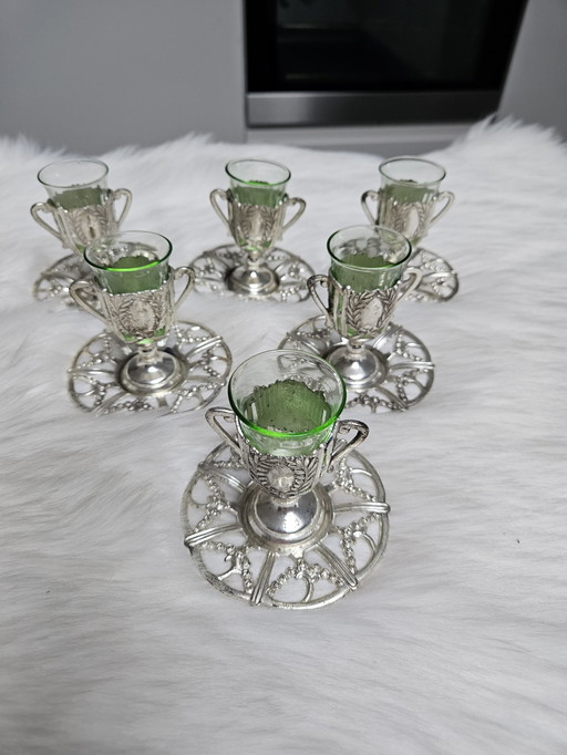 Set Of 6 Shot glasses In Uranium Glass With Silver Holder And Plate