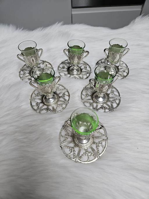 Set Of 6 Shot glasses In Uranium Glass With Silver Holder And Plate