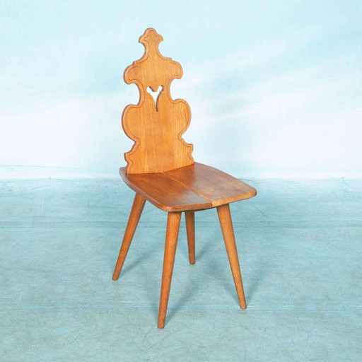 Brutalist solid wood Tyrolean chair, solid pine chair